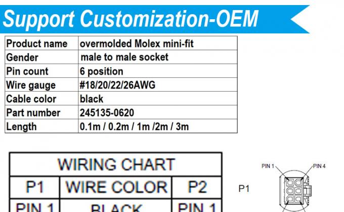 Personnalisation surmoulé mâle à mâle femelle 6 broches 2451350620 Molex Mini-Fit 4,2 mm câble d'assemblage de connecteur de hauteur 0