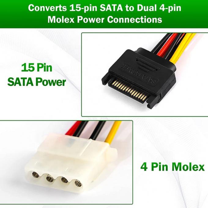 Sata 15 broches mâle à double Molex 4 broches Lp4 IDE Femme Disque dur d'alimentation Y câble de conversion d'adaptateur pour HDD SSD 1
