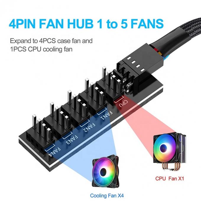 1 à 5 façons 4 broches Splitter PWM PC Fan Hub câble d'alimentation pour ATX boîtier d'ordinateur 4 broches et 3 broches ventilateurs de refroidissement 1