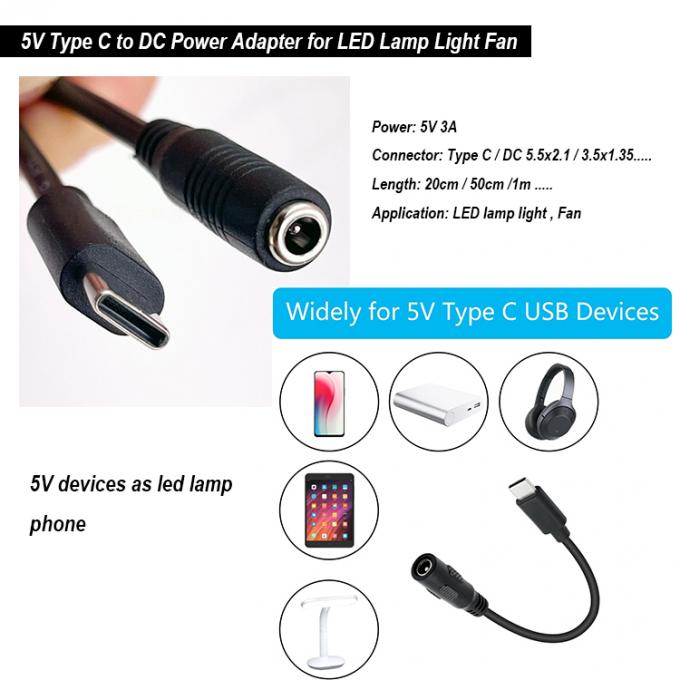 Cable d'extension de charge de puissance de 5V de type C à CC 3,5x1,35 mm 5,5x2,1 mm pour ventilateur de lampe de bureau LED 0