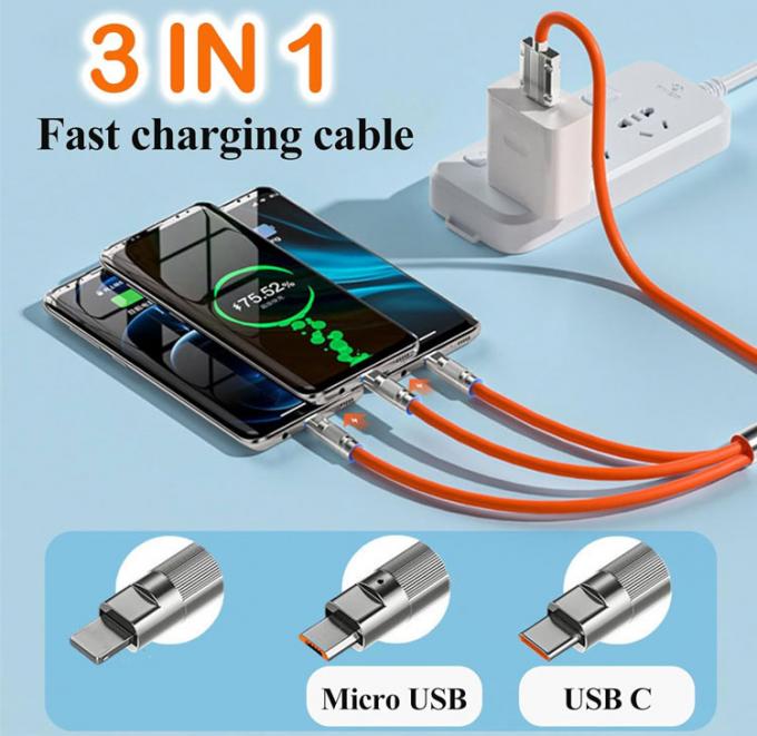 Chargement super rapide 120w 6A Silicone liquide 3 en 1 Multi connecteurs Micro type C câble de chargeur de données USB pour téléphone portable 1