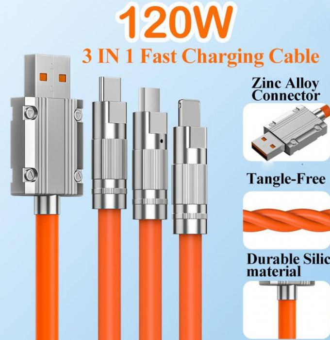Chargement super rapide 120w 6A Silicone liquide 3 en 1 Multi connecteurs Micro type C câble de chargeur de données USB pour téléphone portable 3