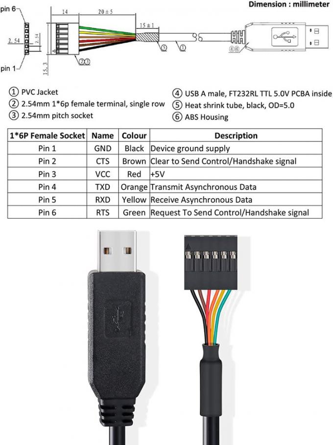 FTDI Chip FT232 USB à TTL 3.3V 5V Uart RTS CTS TXD RXD câble de conversion en série pour Arduino Raspberry Pi 2