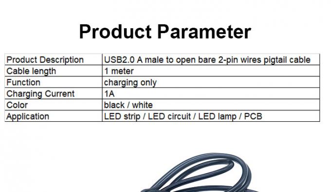USB 2.0 de haute qualité 5V un mâle à ouvrir dépouillé des fils nus 2 broches Fin câble de queue de poule pour lampe à bande de lumière LED 2