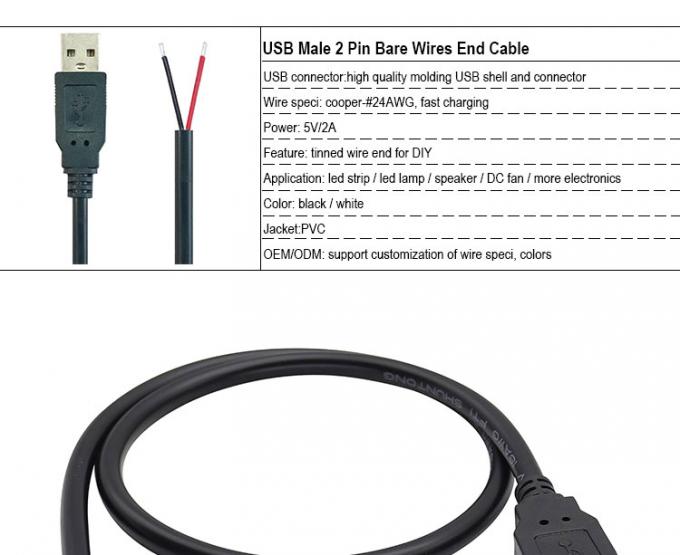 5V USB pour ouvrir les fils nus en conserve rayés à l'extrémité du câble de chargeur d'alimentation Pigtail pour lampe à bande LED 3