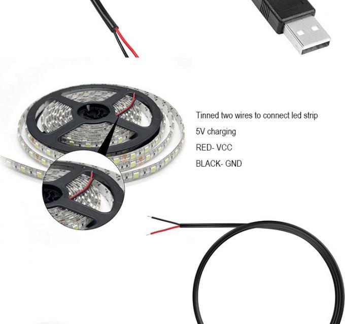 5V USB pour ouvrir les fils nus en conserve rayés à l'extrémité du câble de chargeur d'alimentation Pigtail pour lampe à bande LED 6