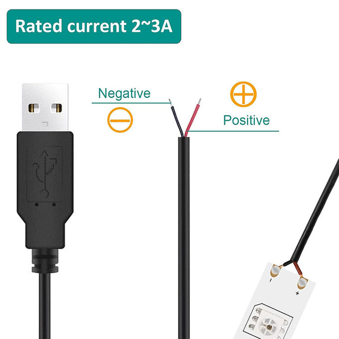 5V USB pour ouvrir les fils nus en conserve rayés à l'extrémité du câble de chargeur d'alimentation Pigtail pour lampe à bande LED 5
