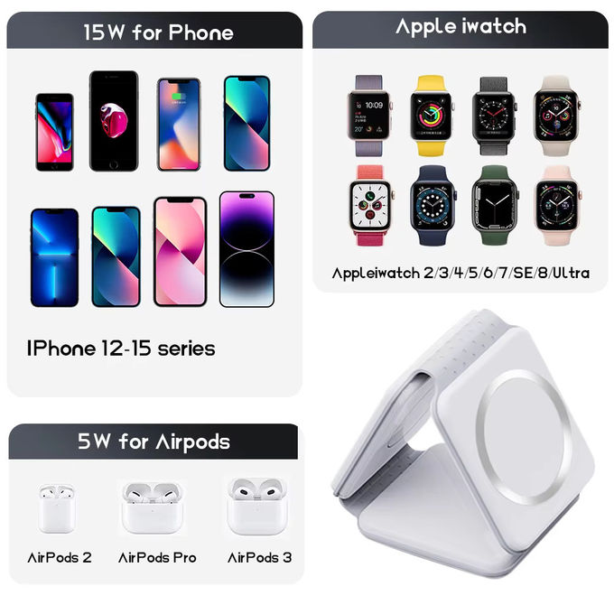 Chargeur sans fil pliable magnétique 3 en 1 iPhone 12-15 15w Station de charge rapide sans fil 7